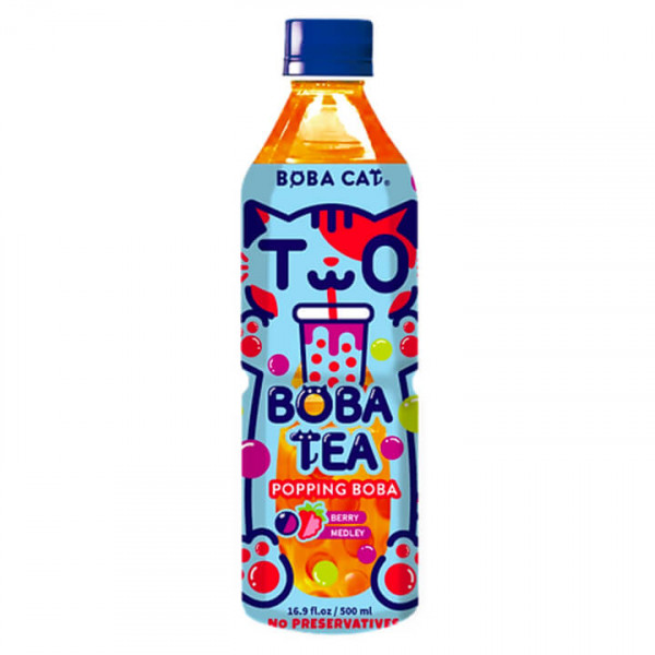 Boba Cat Fruity Berry Medley Popping Boba Tea Bottle 500 ml